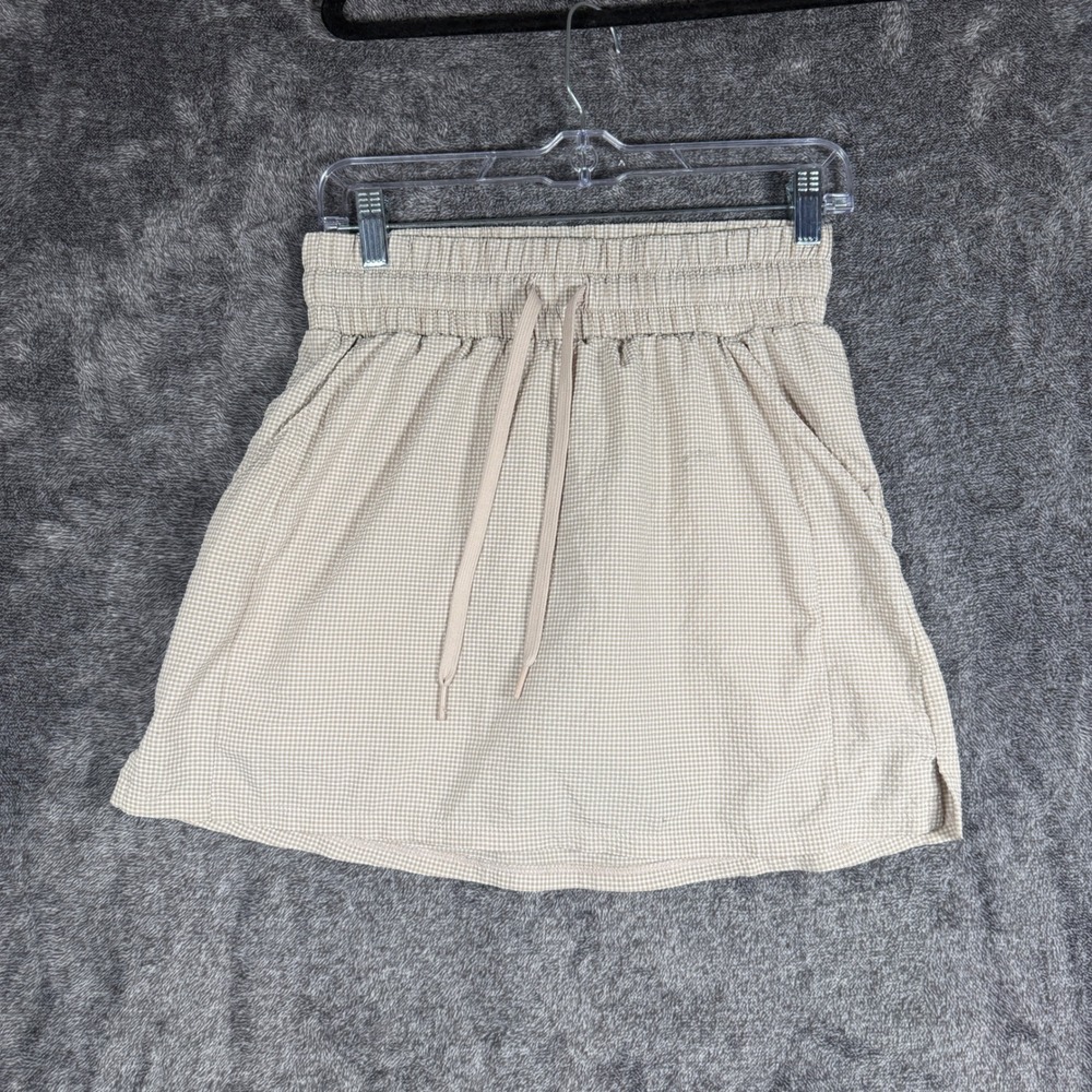 Adidas Gingham Golf Skort Tan White Checkered Smocked Waist Pockets Small